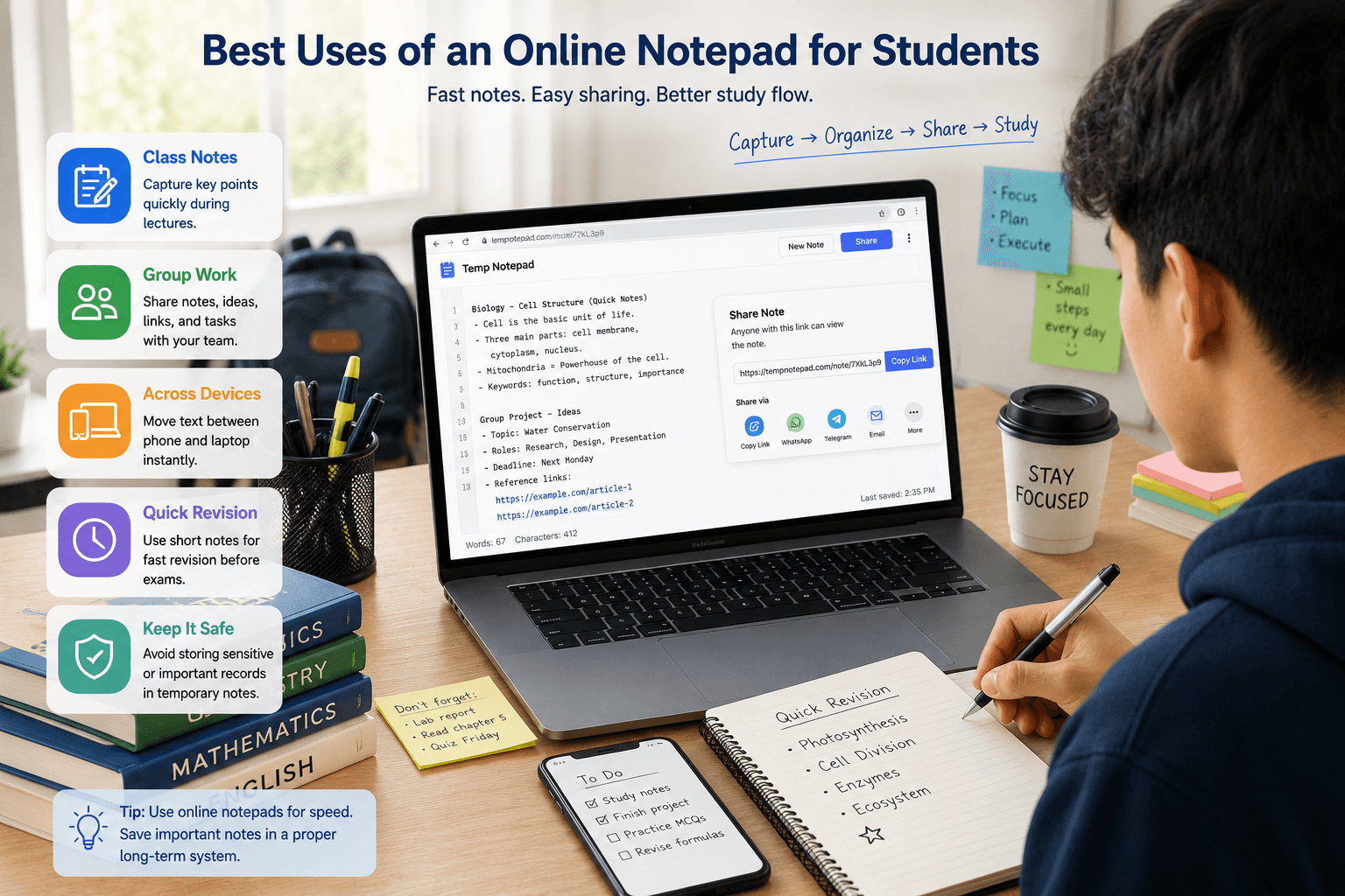Student using an online notepad on a laptop for class notes and quick sharing