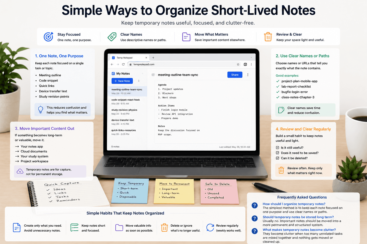 Organized temporary note workflow with clear naming and short text groups