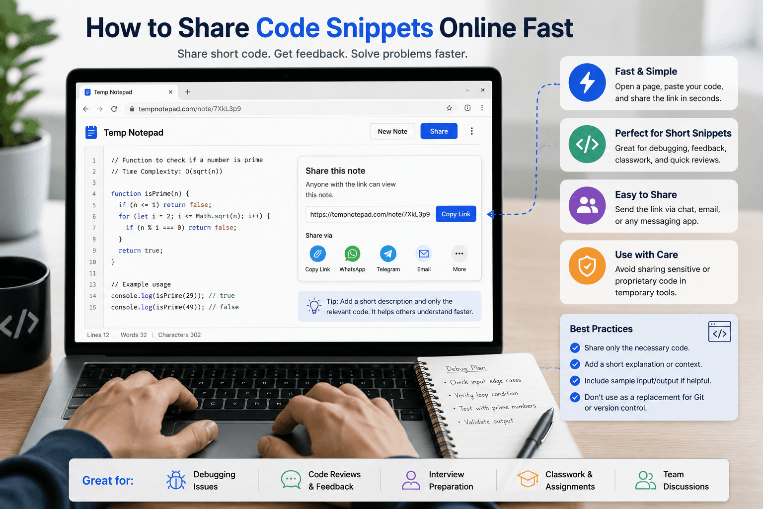 Developer sharing a short code snippet through a browser-based note page