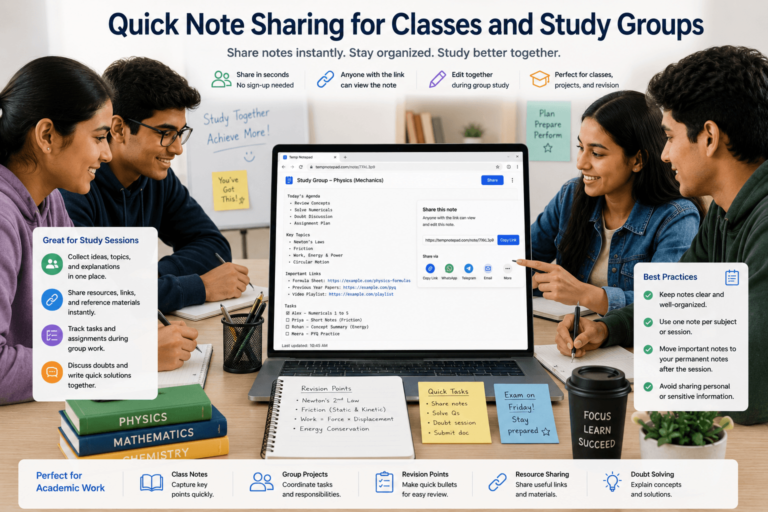 Students collaborating through a shared online note page during study session