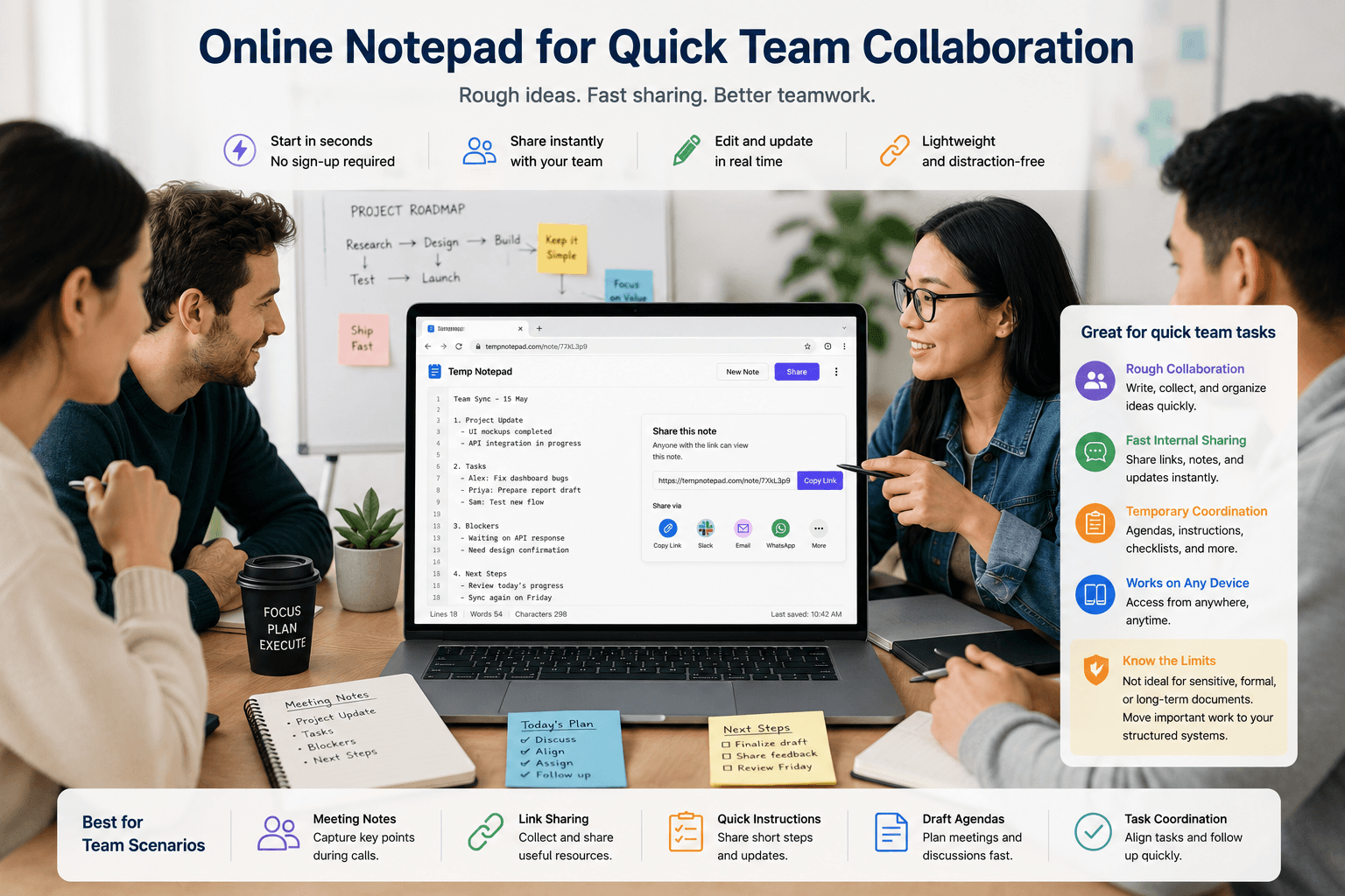 Small team using a lightweight online notepad to coordinate quick text notes