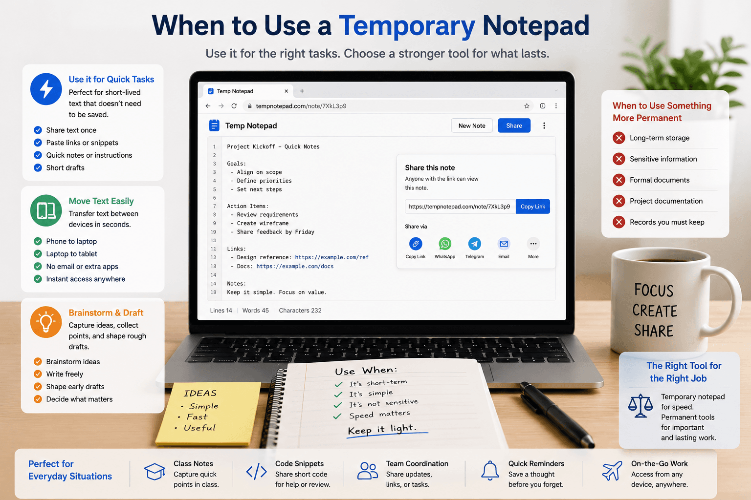 Simple browser notepad being used for quick temporary text sharing